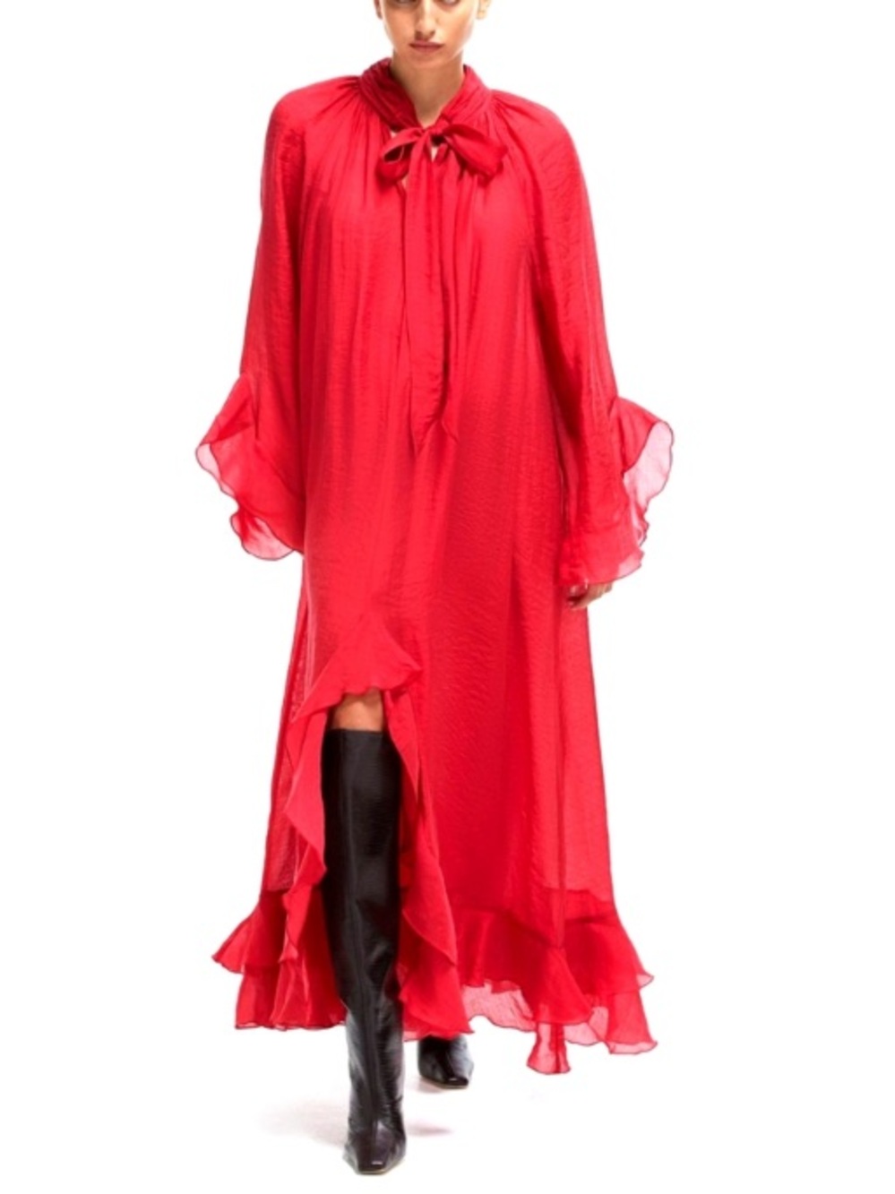 H&M EDITION Red Tie Neck Ruffle Oversized Dress